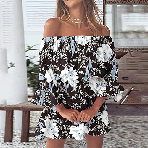 Vestidos de verão femininos de lmdudan 2023 Off of ombro manga de cor de cor sólida vestido de mudança de cor casual Uma linha de