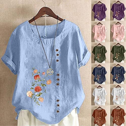 Tops de linho de algodão de grandes dimensões para mulheres com estampa floral moderna Camisetas de manga curta Camisetas de verão
