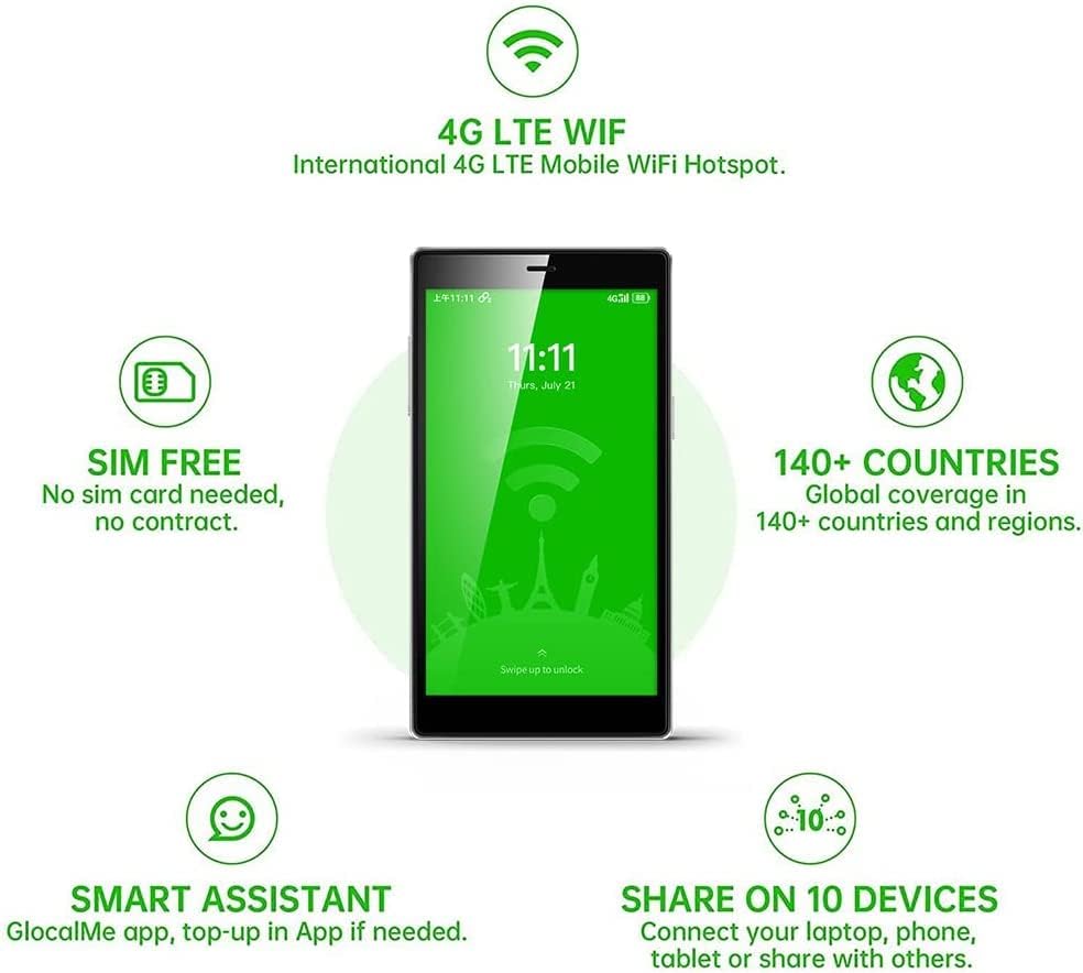 GLOCALME G4 PRO 4G LTE Mobile Hotspot Router, com dados de 8GB e global de 1,1 GB, tela de toque de 5 ”Exibição LCD LCD Hotspot WiFi portátil para viagens, sem contrato, dispositivo de bolso de alta velocidade de alta velocidade