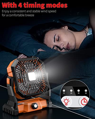 Fã pessoal do ventilador de camping recarregável, ventilador de bateria com lanterna LED, rotação de 270 ° da cabeça, portátil