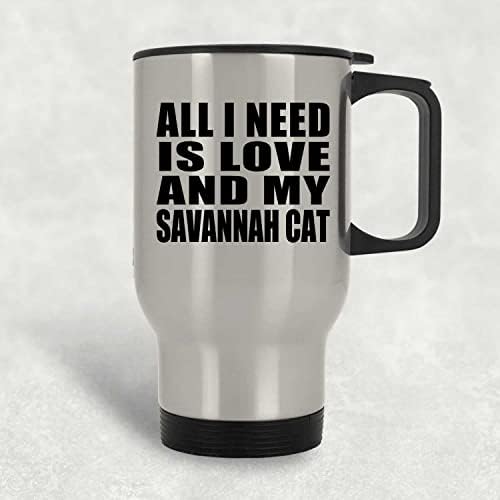 Designsify tudo o que preciso é amor e meu gato de savana, caneca de viagens de prata 14 oz de aço inoxidável, copo isolado,