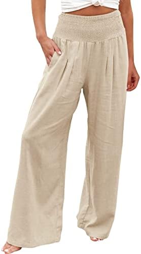 Calças de perna larga da cintura elástica para mulheres Smoked Smocked cintura alta calças de praia soltas de praia calças casuais