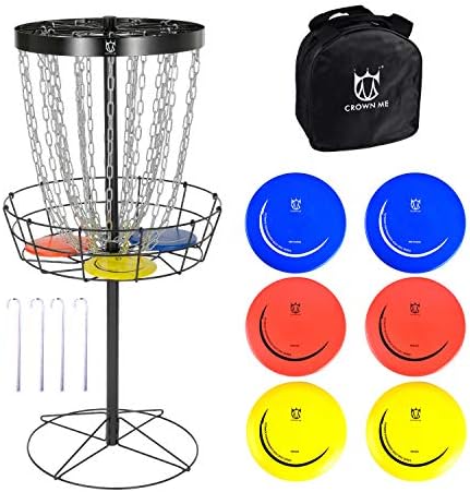 Crown Me Disc Golf Basket com alvo de disco incluem 6 discos, 1 saco de transporte de disco, cestas portáteis de golfe de metal portátil de 24 cadeias,