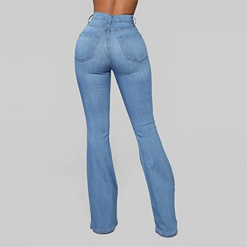 Jeans de fundo de sino para feminino, calça clássica de cintura alta calças de emagrecimento estiradas calças Jean