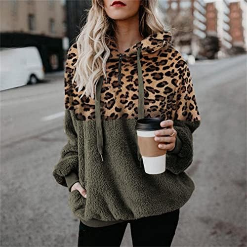 Camisola de pelúcia de bolso para feminino para mulheres zíperas de lã artificial Outwear Capuz de moletom de leopardo inverno