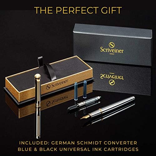 Caneta -tinteiro cromado de prata Scriveiner - caneta de luxo deslumbrante com acabamento em ouro 24k, schmidt 18k dourado benged,