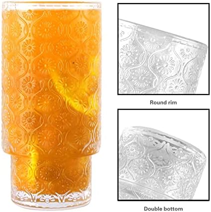 Pouheshi Clear Vintage Glassware, xícaras de vidro com nervuras, copo de padrão empilhável em relevo, 12 onças de bebida com copos