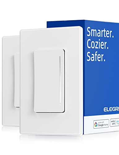 ELEGRP SMART DIMMER LIGHT SWITCH DTR10, Configuração de pólo único, Dimmer Touch de 2,4 GHz Wi-Fi funciona com Alexa e o Google Assistant, precisa de fios neutros, nenhum cubo necessário, UL e FCC listados, branco, 2 pacote