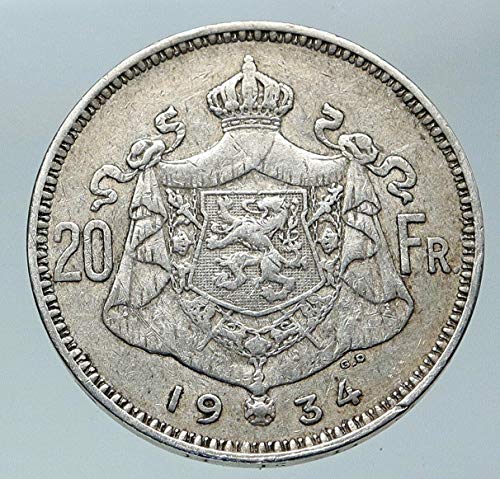 1934 BE 1934 Bélgica rei Albert I coroa antiguidade antiga genu 20 francos bons