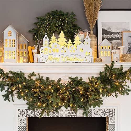 Sawysine Wooden Christmas Village define a árvore de casas brancas com liderado Decor de mesa de mesa de mesa de inverno