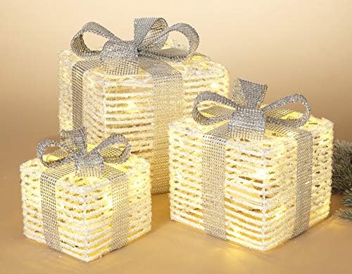Light Up Tinsel apresenta caixas de presentes de presentes com conjunto de decorações de arcos