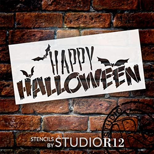 Spooky Happy Halloween Word Art Stoncil por Studior12 | Morcegos voadores assustadores | Decorações de férias DIY artesanais