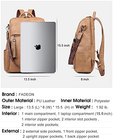 Fadeon Laptop Backpack Purse for Women Grez Designer PU PU Laptop de couro
