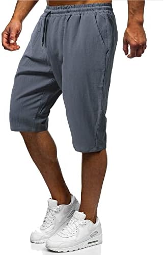 Shorts de linho de algodão masculinos de wenkomg1, sólido na cintura elástica da cintura rápida seco