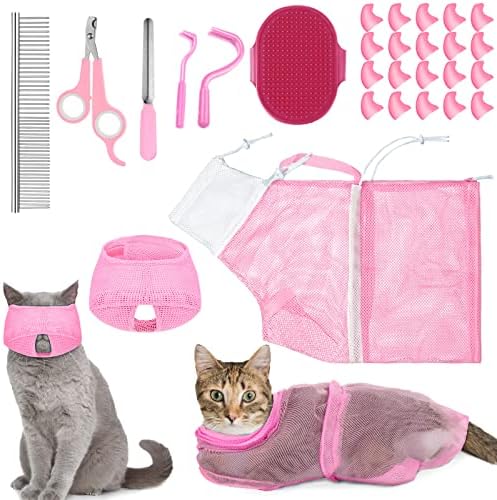 Kritkin 9 peças Bolsa de banho de gato conjunto de chuveiro de gato anti -mordida e anti -arranhas saco de limpeza para lavagem