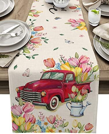 Gredice Spring Floral Table Runner, Red Truck com Tulip Flowers Table Runners, Watercolor Blossoms Tabelas Decoração de cachecol, decoração
