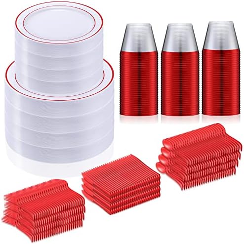 Bokon 600 Peça Conjunto de jantar de festa 100 Placas de jantar de plástico com aro, 100 pratos de salada de plástico, 100