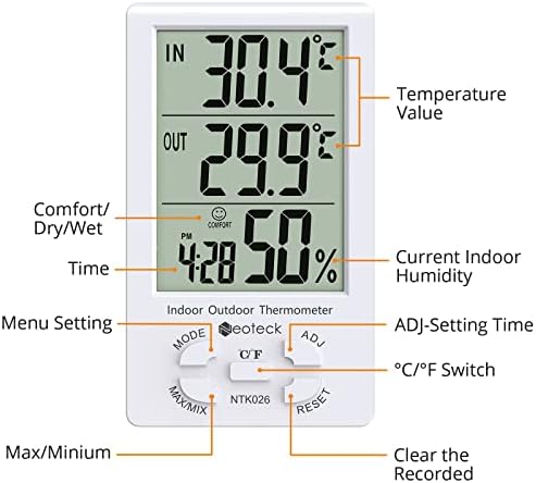 Neoteck 3 em 1 Higrômetro de termômetro com relógio LCD LCD, um fio de sensor de temperatura de umidade digital de umidade 1,5m