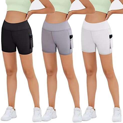 3 shorts de motociclista de embalagem para mulheres com bolsos - 4 de cintura alta Black Black Yoga Athletic Gymshorts