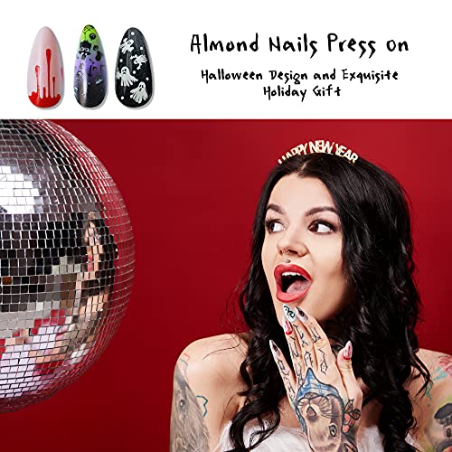 Luminous Almond Fake Nails Pressione em pregos de caveira de capa 72pcs Dicas de unhas fantasmas para mulheres decors