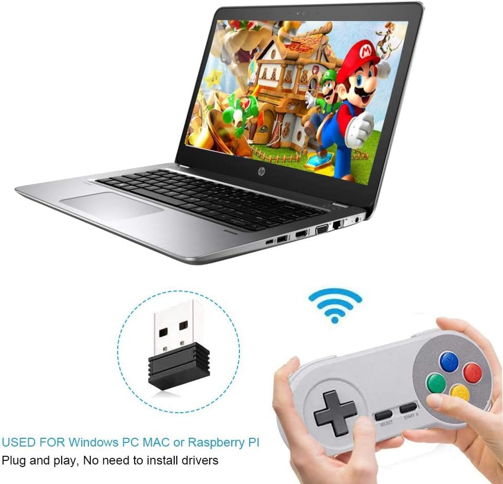 2 Pacote de pacote Wireless USB SNES Controller para jogos retrô, Kiwitatá 2.4GHz Remote Wireless Game Pad SNES Controlador emulador