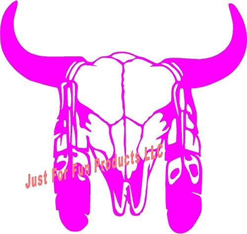 Apenas para diversão 6 x 5,5 Buffalo Bull Skull com penas Vinil Die Cut Decal Bumper Adtenhor, nativo americano, janelas, carros, caminhões, laptops, etc.