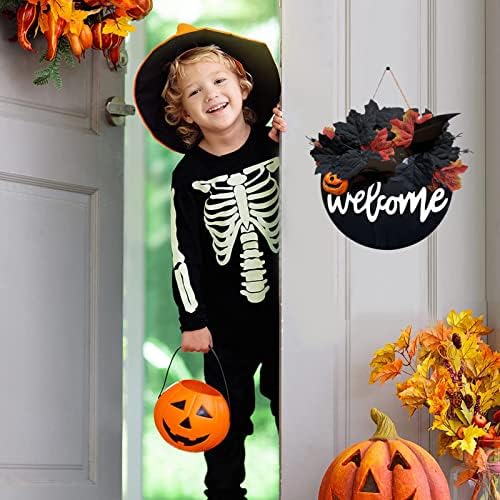 Whesamy Welcome Halloween Wreaths para sinal da porta da frente Decorações do lado de fora das decorações pretas de folhas