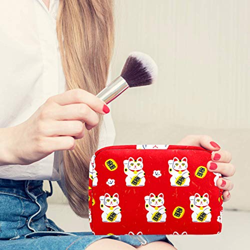 Cartum do Japão fofo Lucky Neko Cats Red Background Cosmetic Travel Bag de grande capacidade Bolsa de beleza de maquiagem
