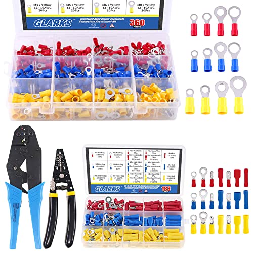 Glarks 360pcs Misture o kit de sortimento de Terminais de Crimp Isoled Rimlate Mixed Kit + Auto-ajustável Crecping de arame