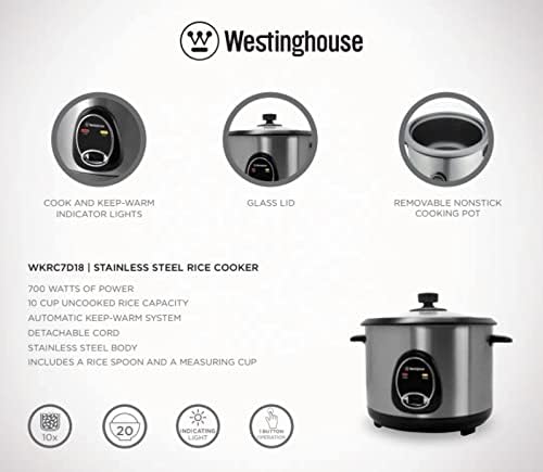 Westinghouse 220 Volt Rice Cooker 10 xícara, vaso de cozinha sem pau, copo medindo, mantenha o aço inoxidável de função quente-700W