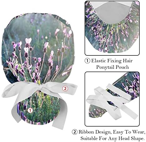 Capas médicas para mulheres com botões cabelos longos, tampa de trabalho ajustável de 2 peças, flores de flores de lavanda