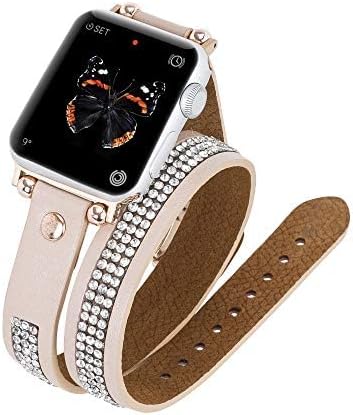 Venito Livorno Double Wrap Leather Slim Watch Band com strass compatíveis com Apple Watch 38mm, 40mm, 41mm para Apple Watch Series