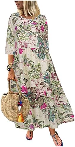 Adhowbewbew womens casual moda o pescoço floral 3/4 manga boho plus size maxi vestido