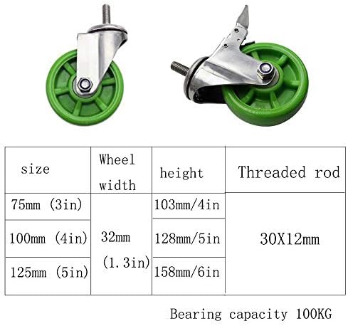 Lxdzxy rodízio wheelsniterers - borracha rotativa, transportadores silenciosos - 4 verde com freios/b/100mm