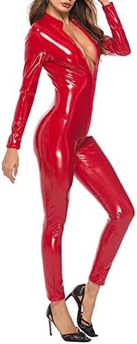 Modys Metallic Catsuith Bodysuit, Mulheres Sexy Leather Leatsuit Zipper Teddy Clubwear Catsuit