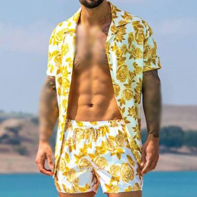N/A Men define impressão de manga curta respirável Camisa de Botão de praia de praia