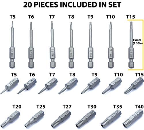 Conjunto de bits Torx de segurança de 20 peças VETCO, bits de estrela resistentes à adulteração Conjunto de aço S2, 1 e 2,25 de comprimento T5 - T15
