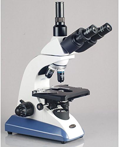 Microscópio trinocular composto T520b AMSCOPE, oculares WF10X e WF20X, ampliação 40x-2000x, campo brilhante, iluminação de halogênio, condensador abbe, estágio mecânico de camada dupla, óptica de alta resolução
