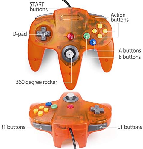 Controlador N64 clássico, Kiwitatá N64 Substituição de jogos com fio Controlador Joystick para N64 Console de videogames System Clear Orange