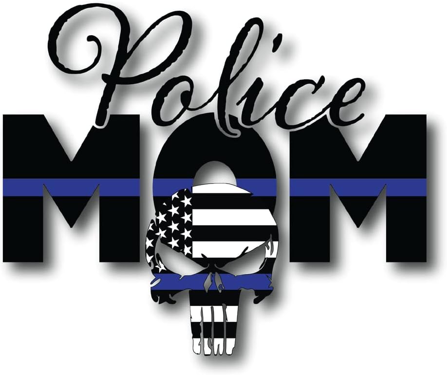 Blue Line Police Mom com crânio de bandeira americana | ótima ideia de presente | adesivo de decalque | 2 pacote | adesivos de 5