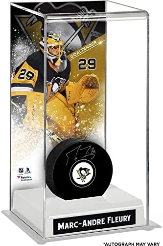 Marc -Andre Fleury Pittsburgh Penguins Autografou Puck com caixa de disco de hóquei de luxo - Pucks NHL autografados