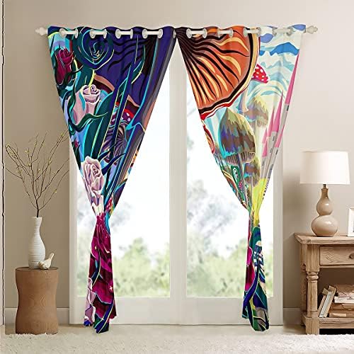 Cortinas de janela de cogumelos Castelo de desenho animado Painéis de cortina azul Butterfly Window Drapes para crianças meninos meninas Fungus Flores de fungos