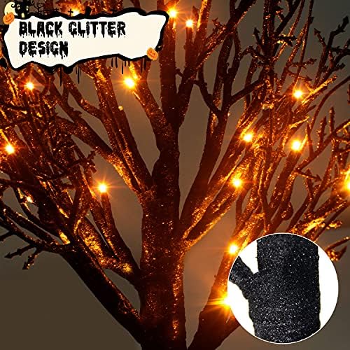 Árvore de Halloween preta de 1,5 pés de 1,5 pés, árvore assustadora de glitter preto com 36 luzes laranja, teia de aranha
