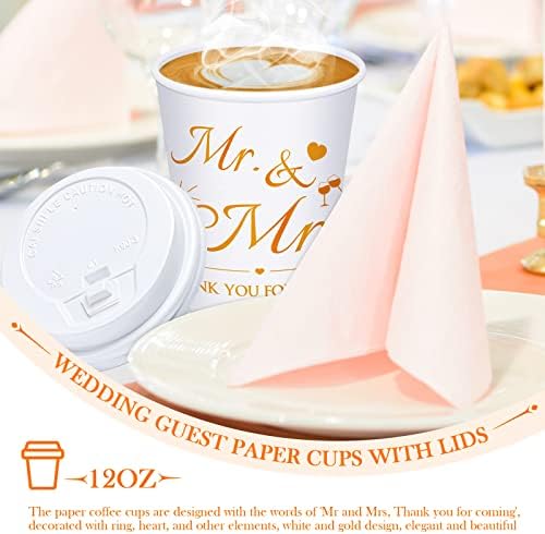 200 sets Sr. e Sra. Coffee Cups 12 oz Copos de papel descartáveis ​​com tampas de bebida fria quente de bebida para o chá de café Limonada de suco de chocolate, para material de festas de noivado de aniversário de casamento