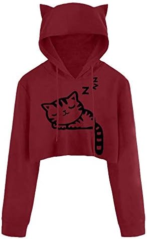 Hoodie para mulheres, jflyou dormindo gato fofo estampado de manga longa com capuz curto com capuz