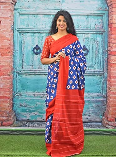 PeeGli Indian Sanganeri Principed Hand Impressed Set de 2 saree algodão laranja e sari azul com a blusa