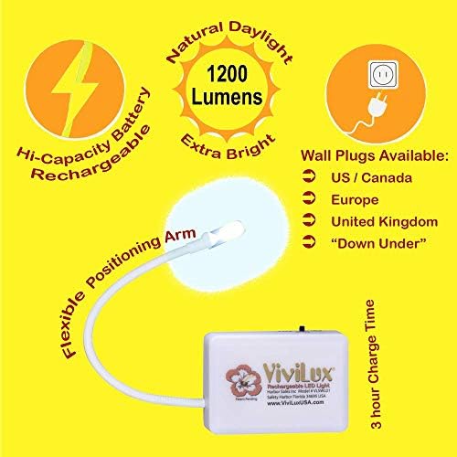 Vivilux Bright Flexible LED Craft & Sewing Light; Luz de tarefas pequenas e sem fio recarregáveis ​​USB para máquina de costura, artesanato e hobbies; Montagens com fita adesiva e loop; 1200 lúmens Luz do dia natural dos EUA plugue
