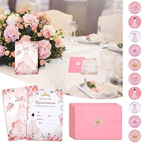 24 conjuntos Kit de convites quinceanera incluem cartões de convite de quinceanera com envelopes e adesivos Crown Princess Rose