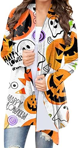 Hariumiu halloween mulheres revestimentos cardigan impressão de manga longa respirável comprimento midi comprimento de desenho animado casual casual pumpkin bat imprimindo halloween jackethaunt houses decoração de festa