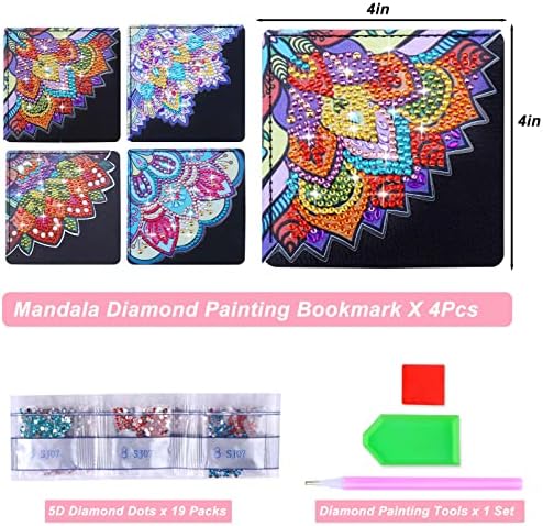 Baborui Mandala Diamond Pintura marcadores, 4pcs Corner Bookmark Diamond Art Kits para adultos Kids, pequenos kits de marcadores